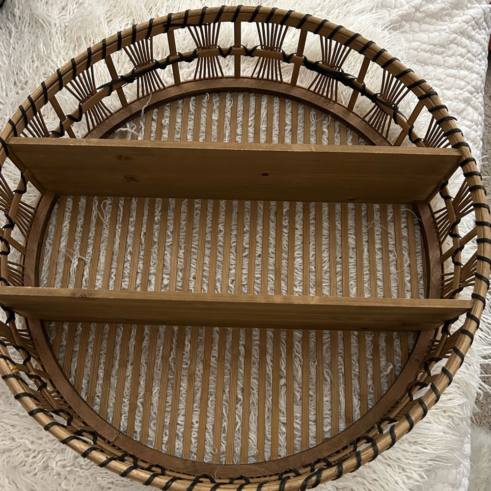 Boho wicker two tier wall shelf.